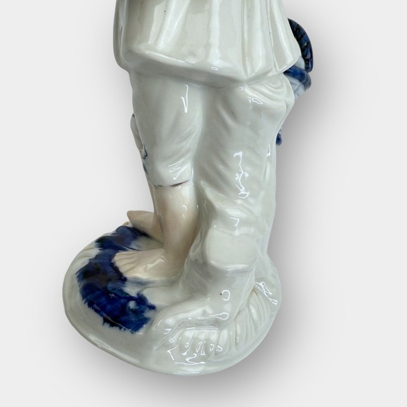 Vintage Blue White Porcelain Figurine Boy Carrying Two Fruit Baskets Gold Trim - Picture 13 of 15